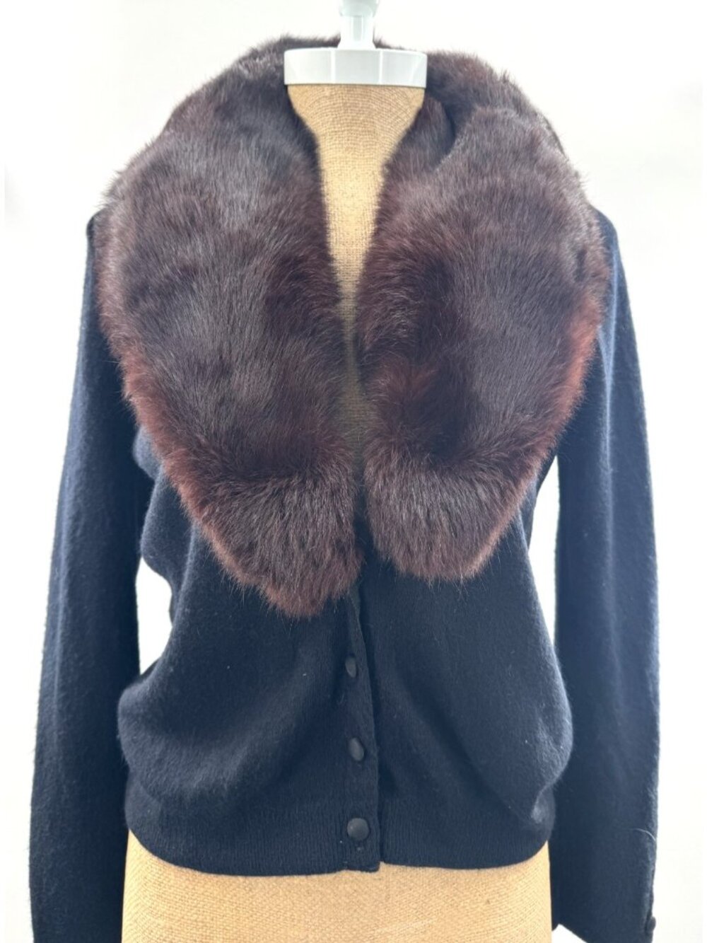 Vintage 60's Black Luxurious Cashmere Cardigan Mink Fur Collar Trim Buttons Sz S